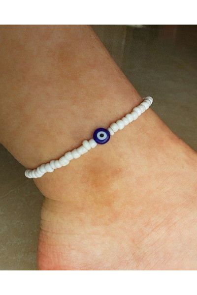 M Miel Women's White Bead Anklet with Evil Eye Figure