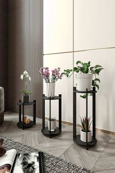 messer Set of 3 Black Flower Patterned Flower Pot Round