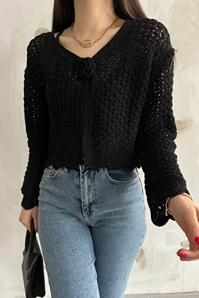 MODAMERSİ Women's Black Openwork Rose Detail Long Sleeve Cotton Knitwear Cardigan with Snap Fasteners on the Front