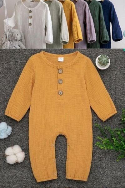 Akface Unisex Newborn Baby Organic Cotton Long Sleeve Buttoned Muslin Jumpsuit