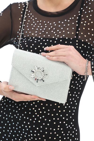 Piedra Material cu piept de culoare argintie Capac plic magnetic cu accesorii din piatra Geanta de rochie de seara poate fi folosita cu curea de umar