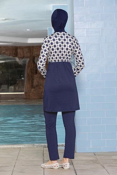 hazelin Γυναικείο φόρεμα Hijab Navy Blue Cream με μακρυμάνικο ολόσωμο παντελόνι μαγιό HZL24S-AR1271-180