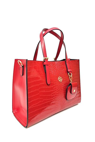 womenacs Bright Red Color Crocodile Patterned Women's Bag with Plenty of Eyelets and Shoulder Strap