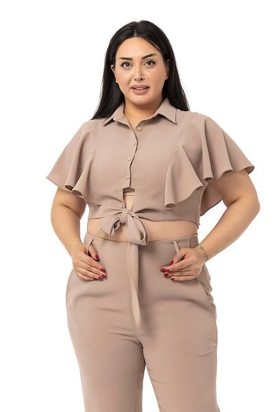 DISENTIS MODEST Pantaloni Camasa Crop Marime Plus Mink Set Dublu