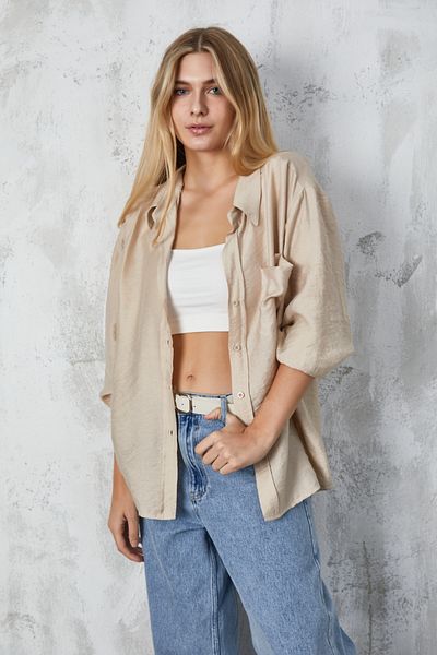 minaaise Cămașă oversize din stofă din cochilii de copac de piatră cu buzunare 23483