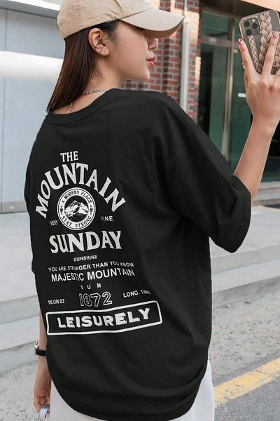 MODAGEN Women's Black Mountain Printed Oversize T-shirt