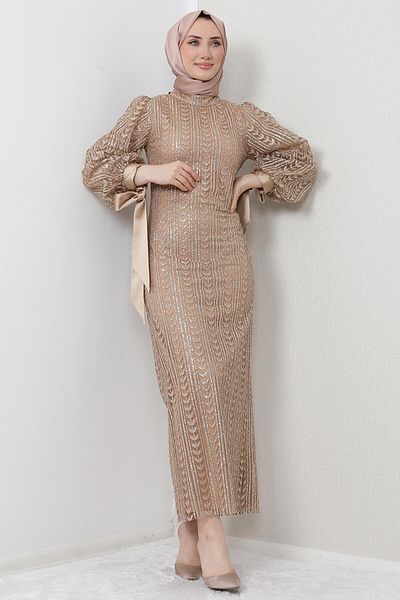 GİZ AGİYİM Pearl Hijab Evening Dress Gold