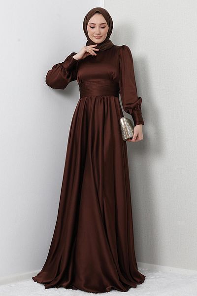GİZ AGİYİM Pleated Waist Satin Evening Dress Bitter Brown