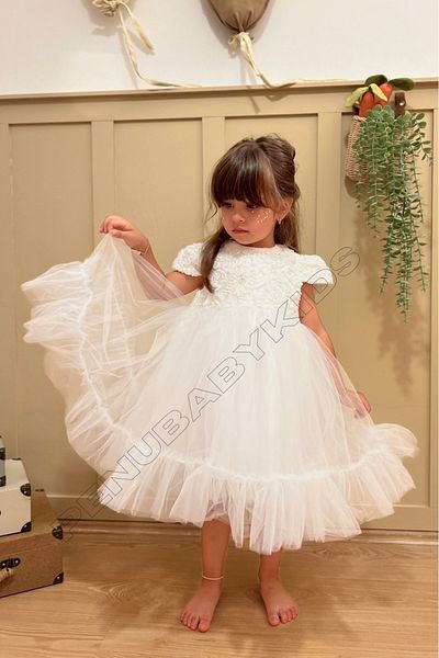 penu baby kids White Short Sleeve Baby Girl Dress with Pearls on Top - Pearl
