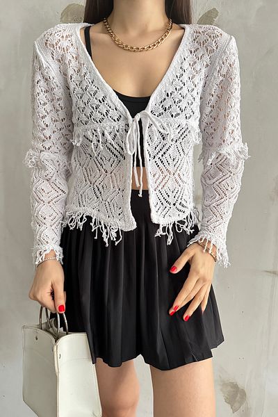 MODAMERSİ Women's White Openwork Tied Tasseled Cotton Knitwear Cardigan