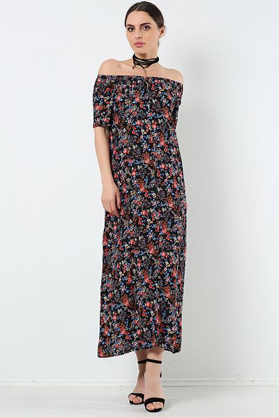 AVORWE Madonna Collar Front Slit Floral Print Dress