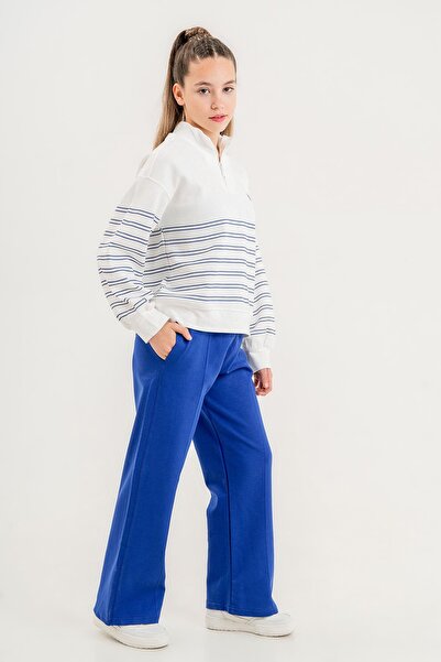 Black One Kız Çocuk Dik Yaka Yarım Fermuarlı Çizgili Kazak Sweatshirt Geniş Paçalı Alt Üst Takım