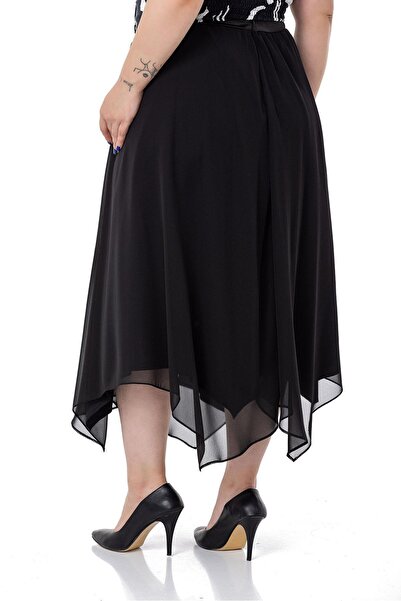 DISENTIS MODEST Plus Size Asymmetrical Cut Lined Black Chiffon Skirt