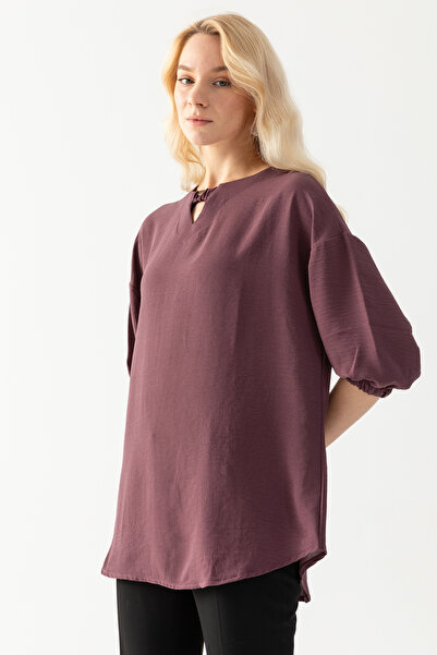 EtkiModa Γυναικείο Dusty Rose με κουμπιά με λεπτομέρεια μανίκια με μισό μανίκι Loose Cut Aerobin Tunic