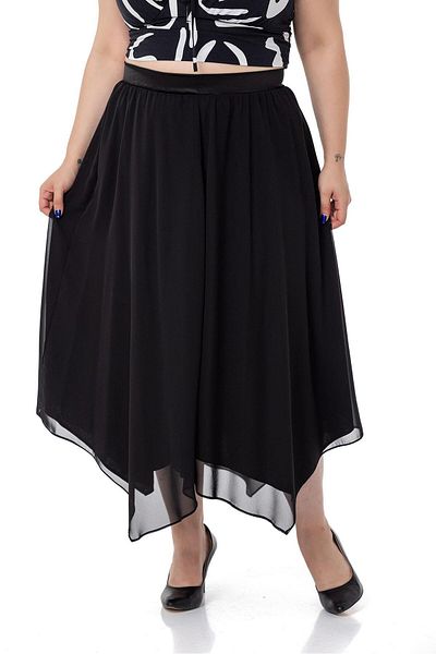 DISENTIS MODEST Plus Size Asymmetrical Cut Lined Black Chiffon Skirt