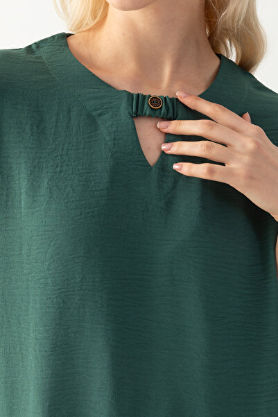 EtkiModa Γυναικείο βενζινοκίνητο πράσινο γιακά με κουμπιά με λεπτομέρεια μανίκια με μισό μανίκι Loose Cut Aerobin Tunic