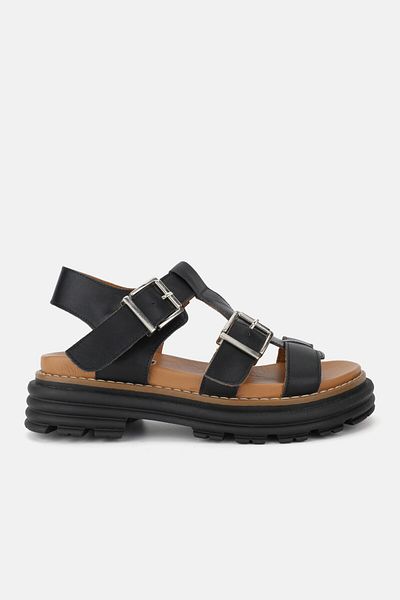 TUNAELLİ WOMEN'S BLACK GENUINE NATURAL LEATHER SHORT HEELED BUCKLE SANDALS