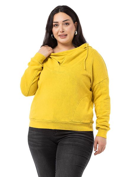 DISENTIS MODEST Plus Size Degaje Guler Guler Buzunar Hanorac Pictat Trei Fire Muștar