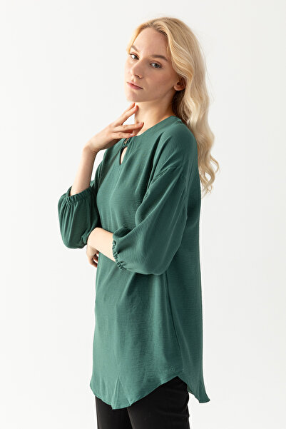 EtkiModa Γυναικείο βενζινοκίνητο πράσινο γιακά με κουμπιά με λεπτομέρεια μανίκια με μισό μανίκι Loose Cut Aerobin Tunic