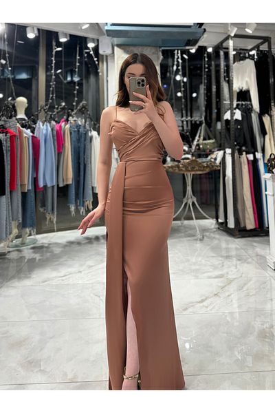 missswans Morena Back Cross Front Slit Detailed Dress-Powder
