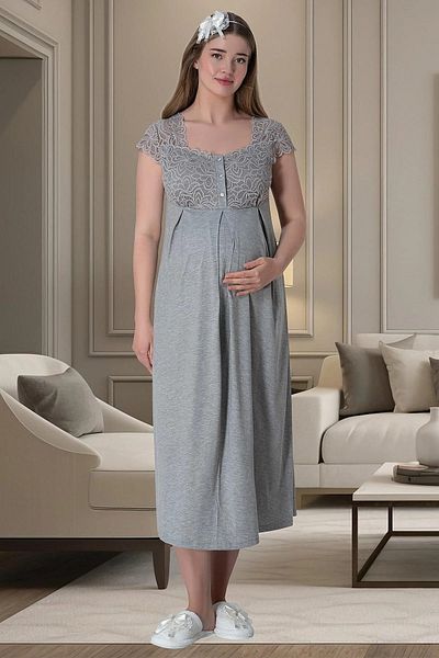 Mecit Pijama طقم ثوب نوم للحوامل مكون من قطعتين مع ثوب صباحي - 75% قطن، 25% فيسكوز