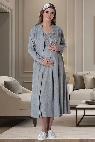 Mecit Pijama طقم ثوب نوم للحوامل مكون من قطعتين مع ثوب صباحي - 75% قطن، 25% فيسكوز