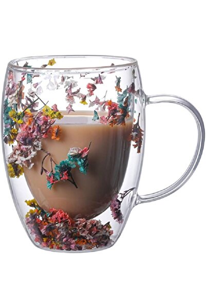 STLIFE Double Glazed Double Walled Borosilicate Glass Cup Organic Floral Cup Gift Mug for Lover