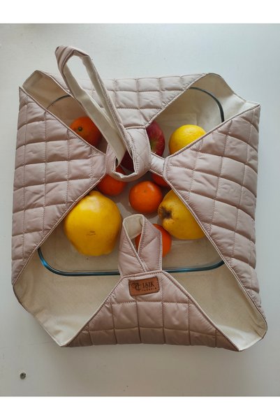IŞIK Glass Tray Pot Carrying Bag Beige Quilted