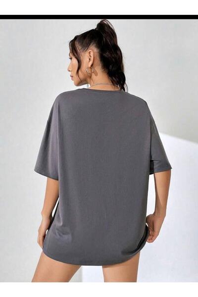 SELENA BUTİK Oversize Unisex Over Printed Anthracite T-Shirt