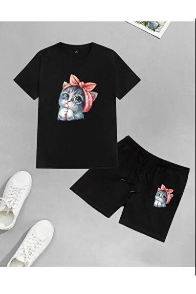 Pelna Children's Trend Model Black Short Set Kitten Printed Cotton