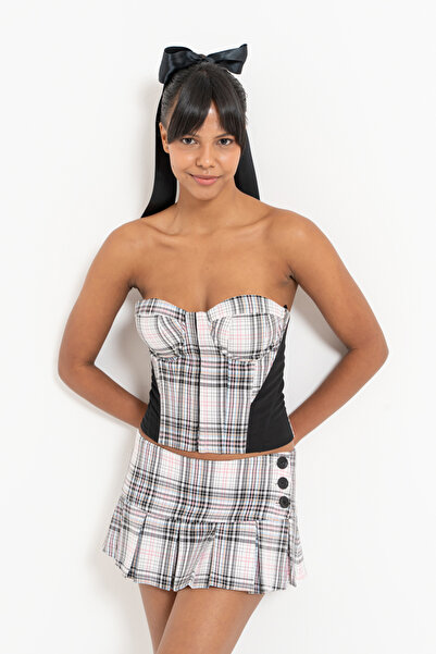 Kikiriki Black-Pink Strapless Plaid Bustier & Skirt Set