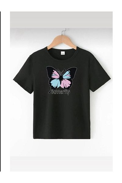 Pelna Tricou la modă pentru copii - culoare neagră, imprimeu fluture colorat, material din bumbac