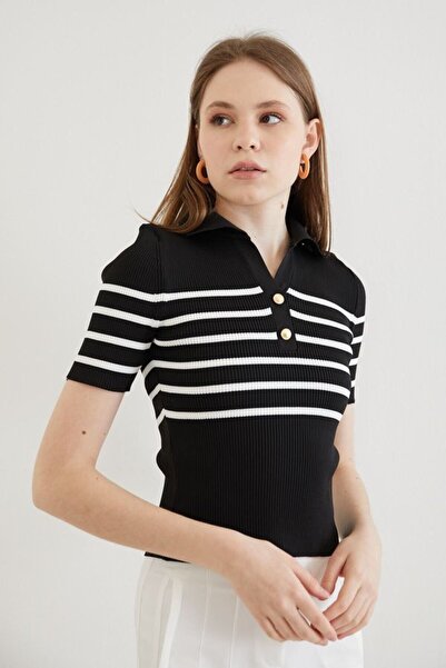 Lusin Women's Black Polo Collar Striped Thin Knitwear Blouse