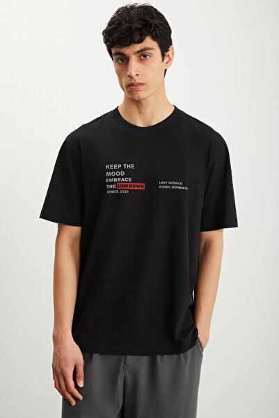 GRIMELANGE Černé pánské tričko RAMADANP018 ze 100% bavlny s výstřihem a výstřihem