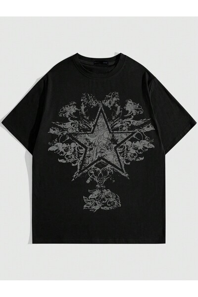 motorsport Grunge Punk Erkek Yıldız ve Çiçek Baskılı Tişört Bisiklet Yaka T-Shirt  Trend E001004 Yaz Giyim