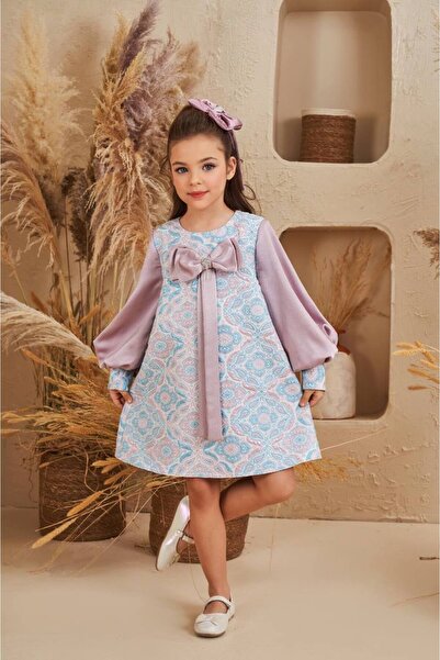 PİXİNADELUXE Uzun Kollu Fiyonk Detaylı Kısa Çocuk Elbise