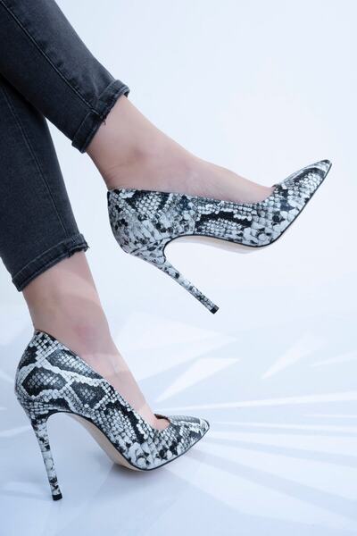 Siyah Beyaz Yılan 10,5 Cm Ince Topuklu Stiletto