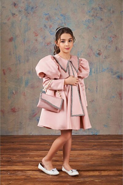 PİXİNADELUXE Uzun Kollu Bebe Yaka Balon Omuzlu Fiyonklu Detaylı Çocuk Elbisesi