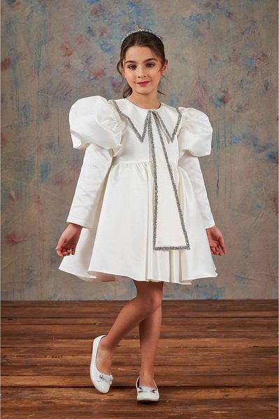 PİXİNADELUXE Baby Collar and Balloon Shoulder Bow Detailed Long Sleeve Children's Dress
