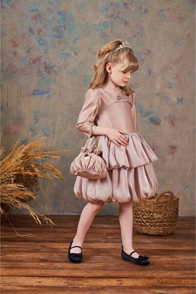 PİXİNADELUXE Yarım Kollu Çantalı Bol Etek Detaylı Kısa Çocuk Elbise