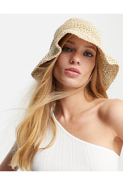MARBERRY Beige Knitted Straw Bucket Women's Hat