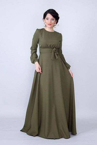 lovebox Stretchy Fabric Sash Pocket Detail Round Neck Long Sleeve Waist Smocked Maxi Length Khaki Evening Dress 352