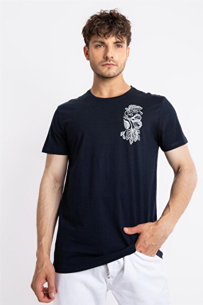 ADAM BOXES Printed O-collar T-shirt Bandos - Navy Blue