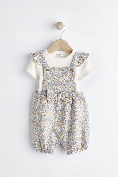 Next Baby Cream Blue Floral Patterned Bow Detail 100% Cotton Short Sleeve Salopet Bodysuit Set