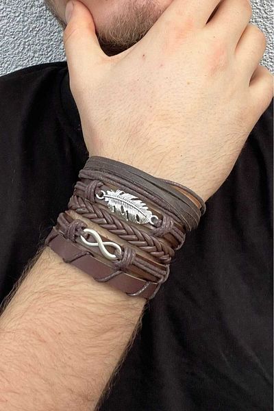 BSN Store Brown Genuine Leather Bracelet Set of 5 - Infinity and Leaf Figures