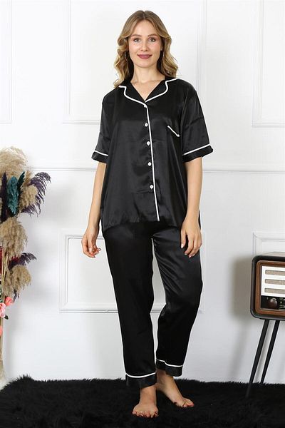 Akbeniz Set pijamale cu dungi din satin negru de marime plus - Silks Fashion 10303