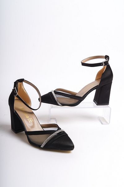 Moda Değirmeni Pantofi cu toc gros din plasă pentru femei din satin negru BG1042-119-0017