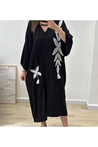 Lavanta Tekstil Rochie cămașă neagră cu broderie din dantelă albă