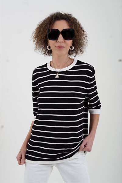 Zelish My Sister Μαύρο Ecru Crew λαιμόκοψη ριγέ κοντομάνικο πουλόβερ