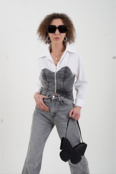 Zelish My Sister Cămașă cu fermoar detaliată bustieră din denim alb antracit